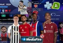 eFootball PES 2026 PPSSPP game screenshot showing PS5 camera gameplay with updated kits and realistic graphics.