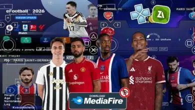 eFootball PES 2026 PPSSPP game screenshot showing PS5 camera gameplay with updated kits and realistic graphics.