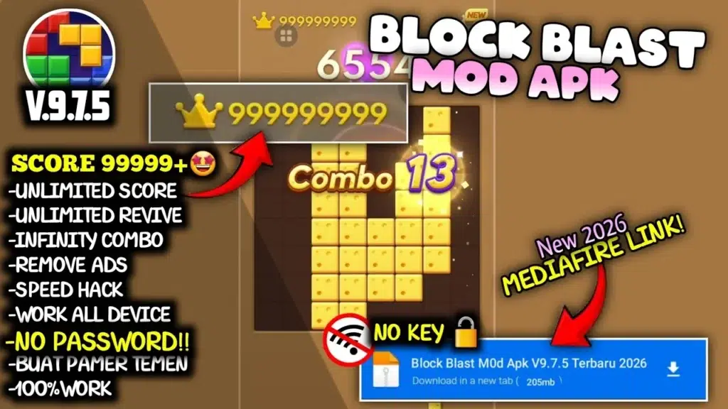 Block Blast Mod APK gameplay with unlimited score no ads and infinity combo features on Android