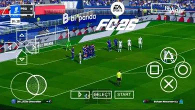 EA Sports FC 2026 PPSSPP ISO Android download section with PS5 camera and emulator files